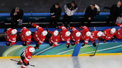 Timo Meier #28 of Team Switzerland celebrates with teammates after scoring a goal in the third period during the Men's Preliminary Group A match between Switzerland and France on day six of the Milano Cortina 2026 Winter Olympic games at Milano Santagiulia Ice Hockey Arena on February 12, 2026 in Milan, Italy. (Photo by Jared C. Tilton/Getty Images)