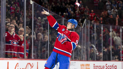 Patrik Laine #92 of the Montreal Canadiens throws a puck in the crowd the fans after being named the first star of the NHL regular season game between the Montreal Canadiens and the New York Islanders at the Bell Centre on December 3, 2024 in Montreal, Quebec, Canada. (Photo by Vitor Munhoz/NHLI via Getty Images)