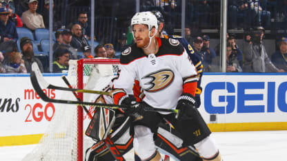 Korbinian Holzer #5 of the Anaheim Ducks skates during an NHL game against the Buffalo Sabres on February 9, 2020 at KeyBank Center in Buffalo, New York. (Photo by Rob Marczynski/NHLI via Getty Images)
