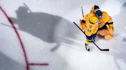 NASHVILLE, TENNESSEE - DECEMBER 11: Roman Josi #59 congratulates Juuse Saros #74 of the Nashville Predators on a 7-2 win against the St. Louis Blues during an NHL game at Bridgestone Arena on December 11, 2025 in Nashville, Tennessee. (Photo by John Russell/NHLI via Getty Images)