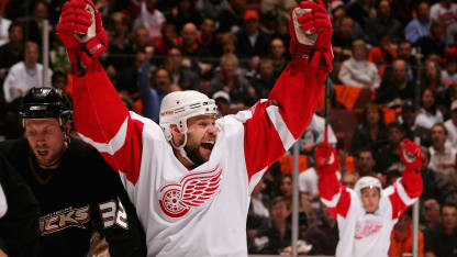 ANAHEIM, CA - MAY 15: Tomas Holmstrom #96 of the Detroit Red Wings celebrates after scoring a second period goal against the Anaheim Ducks during game three of the 2007 Western Conference finals on May 15, 2007 at Honda Center in Anaheim, California. (Photo by Robert Laberge/Getty Images)