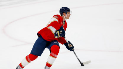 Florida Panthers defenseman Gustav Forsling (42) skates with the puck in the second period during a NHL game between the Maple Leafs and the Florida Panthers on December 02, 2025 at Amerant Bank Arena in Sunrise, FL.(Photo by Chris Arjoon/Icon Sportswire via Getty Images)