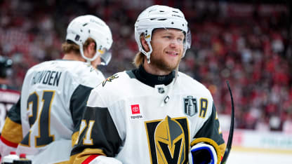 William Karlsson #71 of the Vegas Golden Knights seen during warm ups before Game One of the Stanley Cup Final between the Vegas Golden Knights and the Carolina Hurricanes at Lenovo Center on June 02, 2026 in Raleigh, North Carolina. (Photo by Jeff Bottari/NHLI via Getty Images)