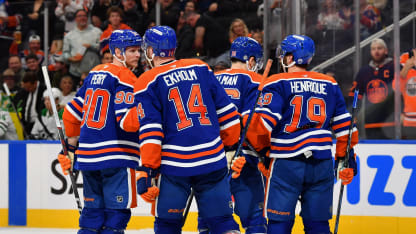 Corey Perry #90, Jake Walman #96, Mattias Ekholm #14, Connor Brown #28 and Adam Henrique #19 of the Edmonton Oilers celebrate a third-period goal against the Dallas Stars during the game at Rogers Place on March 26, 2025, in Edmonton, Alberta, Canada. (Photo by Andy Devlin/NHLI via Getty Images)