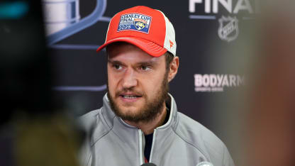 Aleksander Barkov #16 of the Florida Panthers speaks during Media Day prior to the 2025 Stanley Cup Final between the Florida Panthers and the Edmonton Oilers at Rogers Place on June 03, 2025 in Edmonton, Alberta. (Photo by Brian Babineau/NHLI via Getty Images)