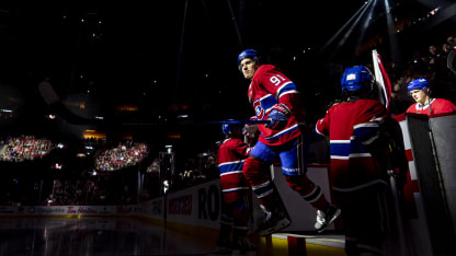 Oliver Kapanen #91 of the Montreal Canadiens jumps onto the ice for the start of the NHL regular season game against the Washington Capitals at the Bell Centre on November 20, 2025 in Montreal, Quebec, Canada. (Photo by Vitor Munhoz/NHLI via Getty Images)