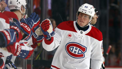 Patrik Laine #92 of the Montreal Canadians celebrates his goal with teammates during the first period against the Florida Panthers at the Amerant Bank Arena on March 30, 2025 in Sunrise, Florida. (Photo by Eliot J. Schechter/NHLI via Getty Images)