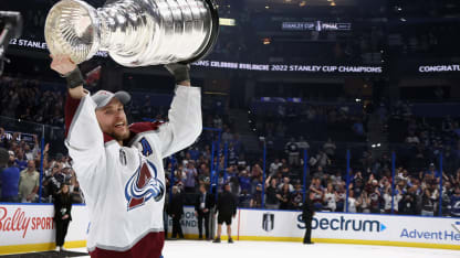 Mikko Rantanen #96 of the Colorado Avalanche carries the Stanley Cup following the series winning victory over the Tampa Bay Lightning in Game Six of the 2022 NHL Stanley Cup Final at Amalie Arena on June 26, 2022 in Tampa, Florida. (Photo by Bruce Bennett/Getty Images)