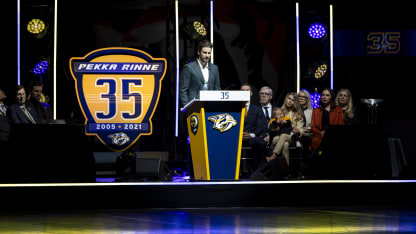 Roman Josi #59 of the Nashville Predators speaks during a ceremony to retire the jersey of former goalkeeper Pekka Rinne before the game between the Nashville Predators and the Dallas Stars at Bridgestone Arena on February 24, 2022 in Nashville, Tennessee. (Photo by Brett Carlsen/Getty Images)