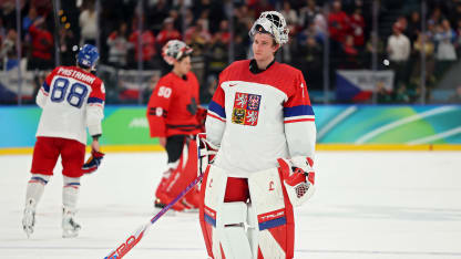 Lukas Dostal #1 of Team Czechia shows dejection after the team's 3-4 overtime defeat in the Men's Quarterfinals Playoff match between Canada and Czechia on day 12 of the Milano Cortina 2026 Winter Olympic games at Milano Santagiulia Ice Hockey Arena on February 18, 2026 in Milan, Italy. (Photo by Gregory Shamus/Getty Images)