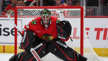 Petr Mrazek #34 of the Chicago Blackhawks tends net during the second period against the Boston Bruins on December 4, 2024 at the United Center in Chicago, Illinois. (Photo by Melissa Tamez/Icon Sportswire via Getty Images)