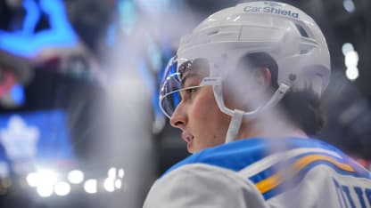 Dalibor Dvorsky #54 of the St. Louis Blues skates against the Toronto Maple Leafs at Scotiabank Arena on November 18, 2025 in Toronto, Ontario, Canada. (Photo by Chris Tanouye/Getty Images)