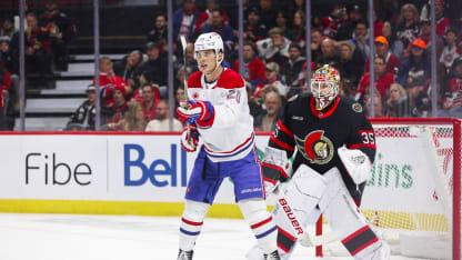 Montreal Canadiens Left Wing Juraj Slafkovsky (20) sets up in front of Ottawa Senators Goalie Linus Ullmark (35) during second period National Hockey League action between the Montreal Canadiens and Ottawa Senators on February 22, 2025, at Canadian Tire Centre in Ottawa, ON, Canada. (Photo by Richard A. Whittaker/Icon Sportswire via Getty Images)