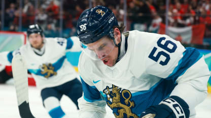 Erik Haula #56 of Team Finland celebrates scoring a goal in the second period during the Men's Semifinals Playoff match between Canada and Finland on day fourteen of the Milano Cortina 2026 Winter Olympic games at Milano Santagiulia Ice Hockey Arena on February 20, 2026 in Milan, Italy. (Photo by Elsa/Getty Images)