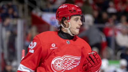 Marco Kasper #92 of the Detroit Red Wings skates around on a play stoppage against the Vegas Golden Knights during the second period at Little Caesars Arena on March 16, 20245 in Detroit, Michigan. Detroit shutout Vegas 3-0. (Photo by Dave Reginek/NHLI via Getty Images)