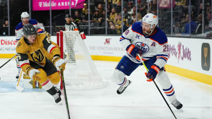 LAS VEGAS, NEVADA - DECEMBER 03: Leon Draisaitl #29 of the Edmonton Oilers skates against Kaedan Korczak #6 of the Vegas Golden Knights during the second period at T-Mobile Arena on December 03, 2024 in Las Vegas, Nevada