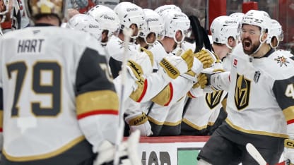 Tomas Hertl #48 of the Vegas Golden Knights is congratulated by his teammates after scoring a goal against the Carolina Hurricanes during the third period in Game One of the 2026 Stanley Cup Final at Lenovo Center on June 02, 2026 in Raleigh, North Carolina. (Photo by Jaylynn Nash/Getty Images)