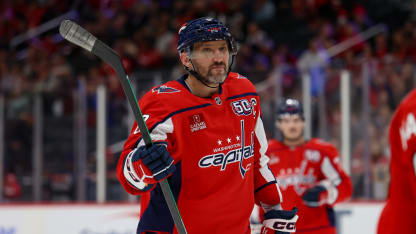 Alex Ovechkin #8 of the Washington Capitals celebrates a first period goal during a preseason game against the Columbus Blue Jackets at Capital One Arena on September 27, 2024 in Washington, D.C. (Photo by John McCreary/NHLI via Getty Images)