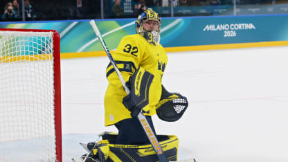 Filip Gustavsson #32 of Team Sweden looks on in the second period during the Men's Preliminary Group B match between Finland and Sweden on day seven of the Milano Cortina 2026 Winter Olympic games at Milano Santagiulia Ice Hockey Arena on February 13, 2026 in Milan, Italy. (Photo by Bruce Bennett/Getty Images)