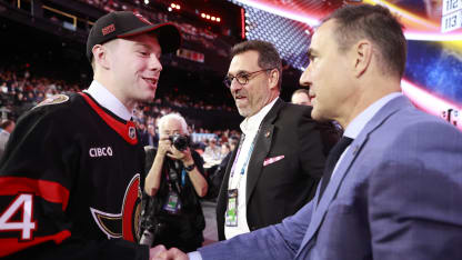 General manager Steve Staios of the Ottawa Senators greets Gabriel Eliasson after being selected 39th overall by the Ottawa Senators during the 2024 Upper Deck NHL Draft Rounds 2-7 at Sphere on June 29, 2024 in Las Vegas, Nevada. (Photo by Jeff Vinnick/NHLI via Getty Images)