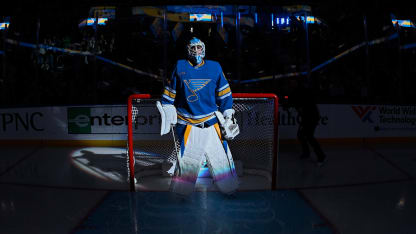 ST. LOUIS, MO - FEBRUARY 28: Jordan Binnington #50 of the St. Louis Blues before the puck drops against the New Jersey Devils on February 28, 2026 at the Enterprise Center in St. Louis, Missouri. (Photo by Scott Rovak/NHLI via Getty Images)