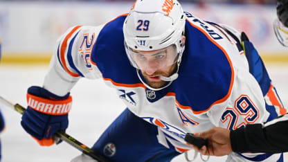 Leon Draisaitl #29 of the Edmonton Oilers prepares for a faceoff against the Buffalo Sabres during an NHL game at KeyBank Center on November 17, 2025 in Buffalo, New York. (Photo by Joe Hrycych/Getty Images)