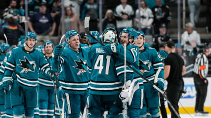 Vitek Vanecek #41 of the San Jose Sharks celebrates a win against the Columbus Blue Jackets at SAP Center on November 5, 2024 in San Jose, California. (Photo by Andreea Cardani/NHLI via Getty Images)