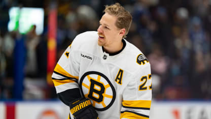 Hampus Lindholm #27 of the Boston Bruins looks on during warmup prior to their NHL game against the Vancouver Canucks at Rogers Arena on January 3, 2026 in Vancouver, Canada. (Photo by Verity Griffin/Getty Images)