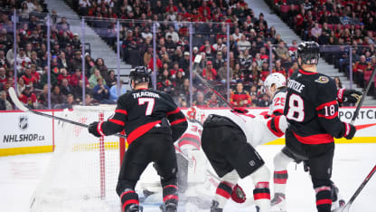 The puck hits the back of the net behind Jake Allen #34 of the New Jersey Devils as Tim Stützle #18 of the Ottawa Senators scores a third-period goal at Canadian Tire Centre on January 31, 2026 in Ottawa, Ontario, Canada. (Photo by Matt Zambonin/NHLI via Getty Images)