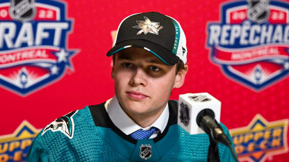 San Jose Sharks pick Mattias Havelid answers media during the second round of the 2022 NHL Entry Draft on July 08, 2022 at Bell Centre in Montreal, QC (Photo by David Kirouac/Icon Sportswire via Getty Images)