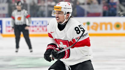 Sven Andrighetto #85 of Switzerland pursues the play during the preliminary round match between Austria and Switzerland at Prague Arena on May 12, 2024 in Prague, Czech Republic. (Photo by Andrea Branca/Eurasia Sport Images/Getty Images)