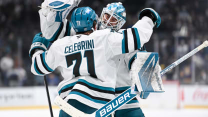 MacKlin Celebrini #71 of the San Jose Sharks and Yaroslav Askarov #30 of the San Jose Sharks celebrate their victory during overtime against the Los Angeles Kings at Crypto.com Arena on January 7, 2026 in Los Angeles, California. (Photo by Juan Ocampo/NHLI via Getty Images)