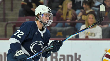 Penn State Nittany Lions forward Gavin McKenna (72) takes a shot during a college hockey game between the Minnesota Golden Gophers and Penn State Nittany Lions on November 22, 2025, at 3M Arena at Mariucci in Minneapolis, MN. (Photo by Nick Wosika/Icon Sportswire via Getty Images)