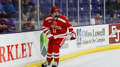 Tynan Lawrence #11 of the Boston University Terriers skates in the first period against the UMass Lowell River Hawks during NCAA men's hockey at the Tsongas Center on January 17, 2026 in Lowell, Massachusetts. The Terriers won 3-0. (Photo by Richard T Gagnon/Getty Images)