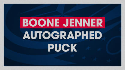 Blue graphic with grey border. Large grey text reads Boone Jenner Autographed Puck.