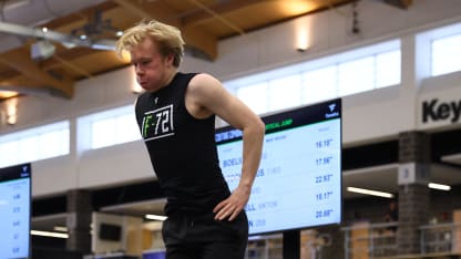 Milton Gastrin #72 performs the force plate vertical jump during the 2025 NHL Scouting Combine at the LECOM Harborcenter on June 7, 2025 in Buffalo, New York. (Photo by Bill Wippert/NHLI via Getty Images)