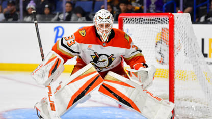 Ville Husso #33 of the Anaheim Ducks protects the goal during the third period against the Los Angeles Kings in a pre-season game at the Toyota Arena on September 21, 2025 in Ontario, California. (Photo by Gary A. Vasquez/NHLI via Getty Images)