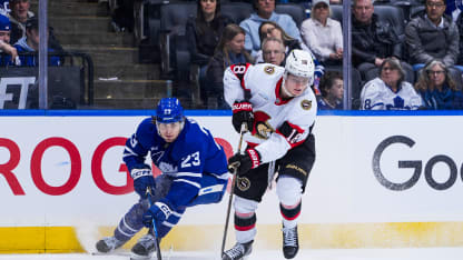 28: Matthew Knies #23 of the Toronto Maple Leafs chases after Tim Stützle #18 of the Ottawa Senators during the third period at the Scotiabank Arena on February 28, 2026 in Toronto, Ontario, Canada. (Photo by Mark Blinch/NHLI via Getty Images)