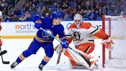 BUFFALO, NEW YORK - FEBRUARY 25: Zach Benson #9 of the Buffalo Sabres skates during an NHL game against Lukas Dostal #1 of the Anaheim Ducks on February 25, 2025 at KeyBank Center in Buffalo, New York. (Photo by Bill Wippert/NHLI via Getty Images)