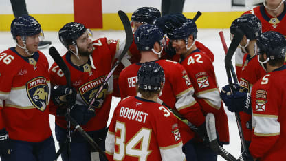 Gustav Forsling #42 of the Florida Panthers celebrates his overtime game winning goal with teammates against the Vegas Golden Knights at the Amerant Bank Arena on October 19, 2024 in Sunrise, Florida. (Photo by Eliot J. Schechter/NHLI via Getty Images)