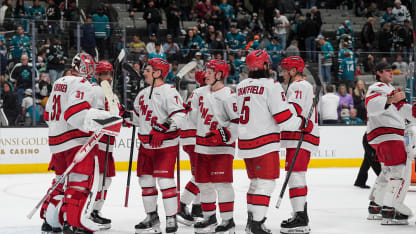 The Carolina Hurricanes celebrate the win against the San Jose Sharks at SAP Center on March 20, 2025 in San Jose, California. (Photo by Kavin Mistry/NHLI via Getty Images)