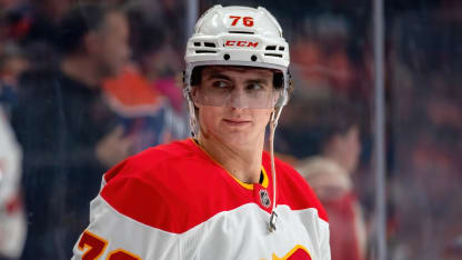 Martin Pospisil #76 of the Calgary Flames warms up prior to the game against the Edmonton Oilers at Rogers Place on March 29, 2025, in Edmonton, Alberta, Canada. (Photo by Leila Devlin/Getty Images)