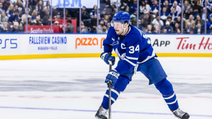 Toronto Maple Leafs center Auston Matthews (34) is seen with the puck during the first period of an NHL game between the Seattle Kraken and the Toronto Maple Leafs on October 31, 2024, at Scotiabank Arena in Toronto, ON. (Photo by Mathew Tsang/Icon Sportswire via Getty Images)