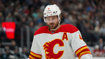 Calgary Flames defenseman Rasmus Andersson (4) as seen during an NHL game between the Calgary Flames and the Utah Hockey Club on October 30, 2024, at the Delta Center in Salt Lake City, UT. (Photo by Aaron Baker/Icon Sportswire via Getty Images)