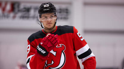 New Jersey Devils forward Petr Hauser (53) looks on during New Jersey Devils Development Camp on July 14, 2023, at RWJBarnabas Health Hockey House at Prudential Center in Newark, New Jersey. (Photo by Andrew Mordzynski/Icon Sportswire via Getty Images)