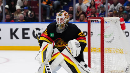 Kevin Lankinen #32 of the Vancouver Canucks looks up the ice during the third period of their NHL game against the Washington Capitals at Rogers Arena on January 25, 2025 in Vancouver, British Columbia, Canada. (Photo by Derek Cain/Getty Images)