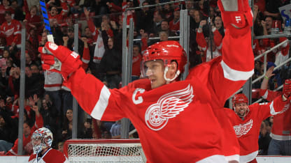 Nicklas Lidstrom #5 of the Detroit Red Wings celebrates his goal scored in the last .02 seconds of the first period on Carey Price #31 of the Montreal Canadiens during an NHL game at Joe Louis Arena on December 10, 2010 in Detroit, Michigan. (Photo by Dave Reginek/NHLI via Getty Images)