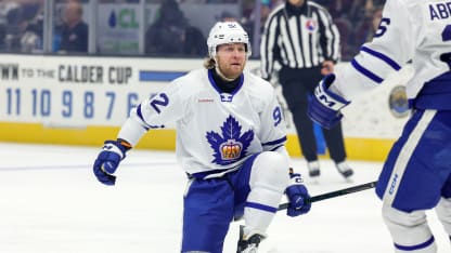 Toronto Marlies right wing Alex Nylander (92) celebrates after scoring a goal during the first period of the American Hockey League North Division first round game between the Toronto Marlies and Cleveland Monsters on April 24, 2025, at Rocket Arena in Cleveland, OH. (Photo by Frank Jansky/Icon Sportswire via Getty Images)