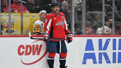 WASHINGTON, D.C. - APRIL 12: Alex Ovechkin #8 of the Washington Capitals waits on the blue line during a power play as Sidney Crosby #87 of the Pittsburgh Penguins serves the penalty in the box during the first period on April 12, 2026 at Capital One Arena in Washington, D.C. (Photo by Jamie Sabau/Getty Images)
