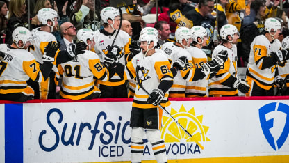 RALEIGH, NORTH CAROLINA - MARCH 18: Erik Karlsson #65 of the Pittsburgh Penguins celebrates with teammates after a goal during the third period against the Carolina Hurricanes at Lenovo Center on March 18, 2026 in Raleigh, North Carolina. (Photo by Josh Lavallee/NHLI via Getty Images)
